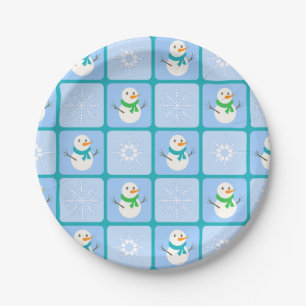 Assiettes En Carton À damiers hiver bonhomme de neige motif et flocons
