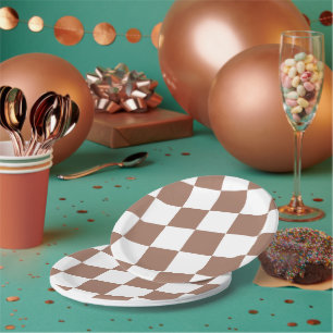 Assiettes En Carton à damiers Motif en Blanc et Mocha Mousse