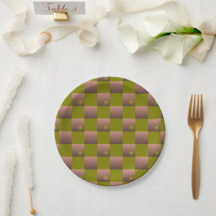 Assiettes En Carton à damiers motif en brun et vert olive