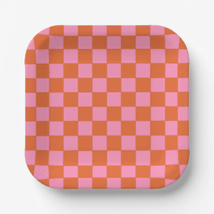 Assiettes En Carton à damiers orange et rose