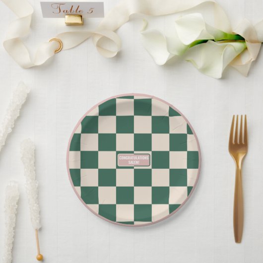 Assiettes En Carton À damiers rose et vert personnalisés (Mariage)