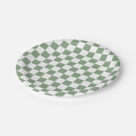 Assiettes En Carton à damiers Sage vert et blanc (Angle)