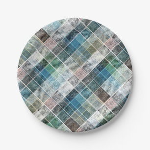 Assiettes En Carton à damiers, tartan, plaid, classique, bleu, blanc