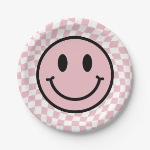 Assiettes En Carton à damiers Wavy Pink Preppy Smile Anniversaire