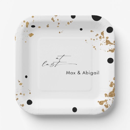 Assiettes En Carton À Dernier Mariage Couple Noms Noir et Or (Recto)