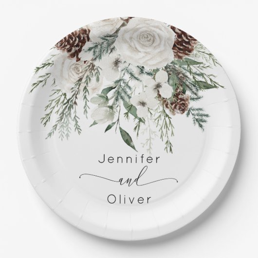 Assiettes En Carton À feuillage persistant hiver festif mariage élégan (Devant)