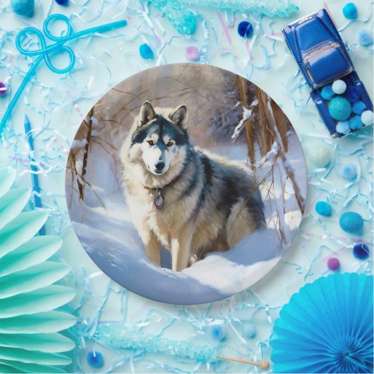 Assiettes En Carton Aaskan Malamute Laisser Il Neige Noël (Fête)