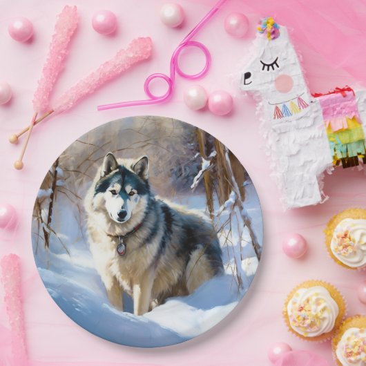 Assiettes En Carton Aaskan Malamute Laisser Il Neige Noël (Fête)