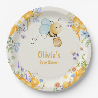 Assiettes En Carton abeille à miel jaune bleu floral baby shower