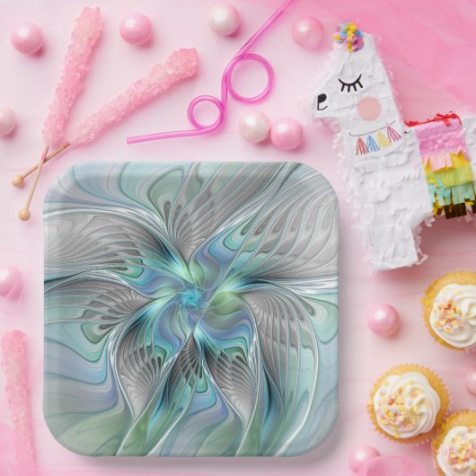 Assiettes En Carton Abstrait Bleu Vert Papillon Imaginaire Fractal Art (Fête)