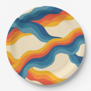 Assiettes En Carton Abstrait Orange Blue Retro Wavy Stripe Motif