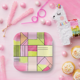 Assiettes En Carton Abstrait patchwork rose et vert citron