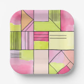 Assiettes En Carton Abstrait patchwork rose et vert citron (Recto)