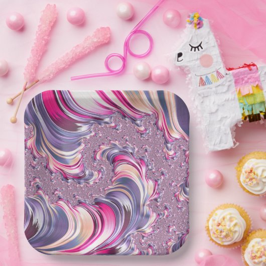 Assiettes En Carton Abstrait rose pourpre spirale fractale (Fête)