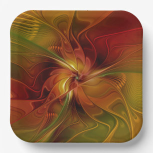 Assiettes En Carton Abstrait Rouge Orange Brown Vert Fractal Art Flowe