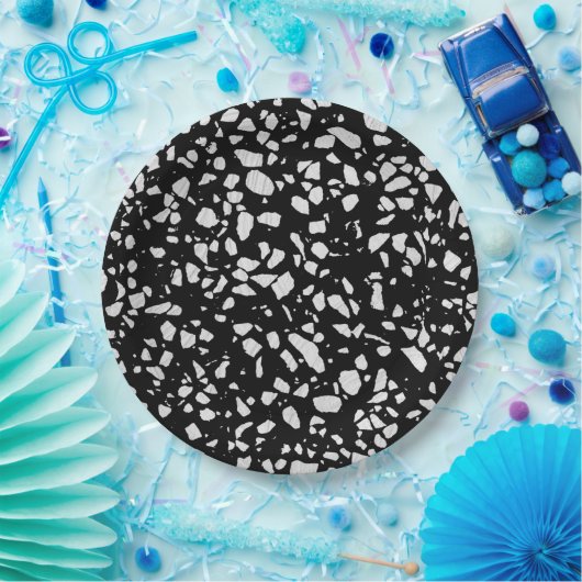 Assiettes En Carton Abstrait Terrazzo Mosaic Motif noir et blanc (Fête)