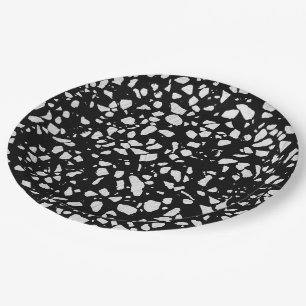 Assiettes En Carton Abstrait Terrazzo Mosaic Motif noir et blanc