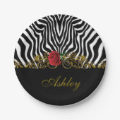 Assiettes En Carton Abstraite Fleur Zèbre Rouge Noir Blanc Or (Devant)