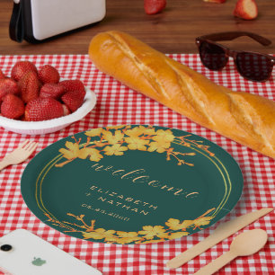 Assiettes En Carton Accueil Floral Émeraude Vert Or Classé