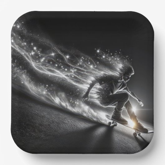 Assiettes En Carton Ado Boy sur un skateboard avec néon lumières (Recto)