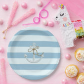 Assiettes En Carton Adorable Ancre nautique sur les rayures bleu clair (Fête)