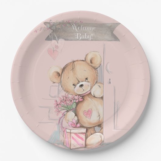 Assiettes En Carton Adorable Aquarelle Baby shower Ours En Teddy (Devant)