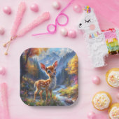 Assiettes En Carton Adorable Cerf de Bébé dans une forêt enchantée (Fête)