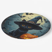 Assiettes En Carton Adorable Chat Noir Portant Sorcière Casquette (Angle)