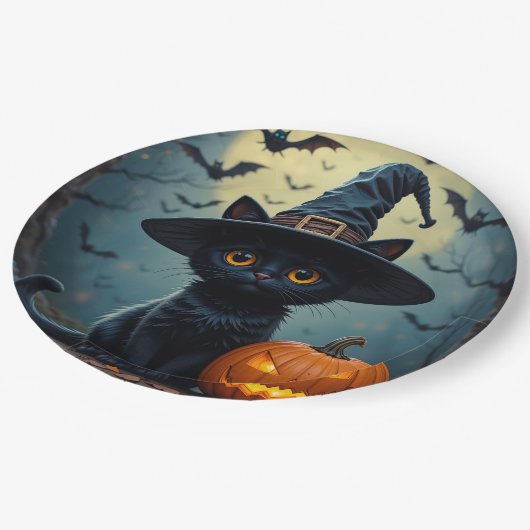 Assiettes En Carton Adorable Chat Noir Portant Sorcière Casquette (Angle)
