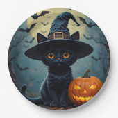 Assiettes En Carton Adorable Chat Noir Portant Sorcière Casquette (Devant)