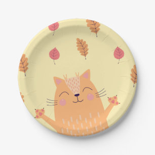 Assiettes En Carton Adorable chat orange roux jouant dans les feuilles