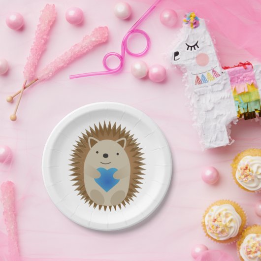 Assiettes En Carton Adorable Hérisson embrassant un Coeur Bleu (Fête)