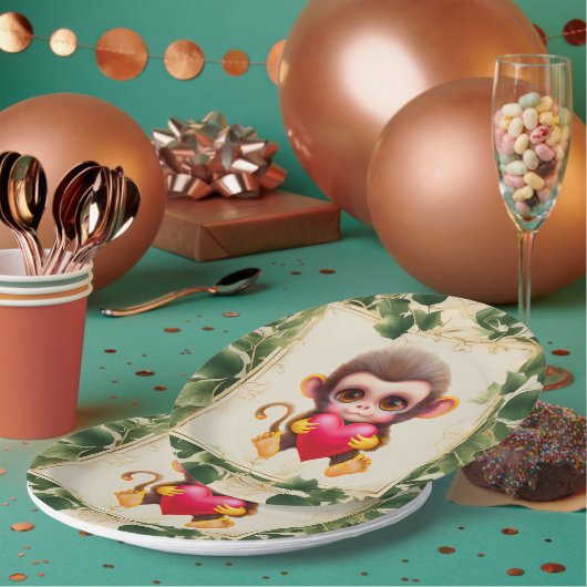 Assiettes En Carton Adorable Jungle Saint-Valentin Singe (Multi)