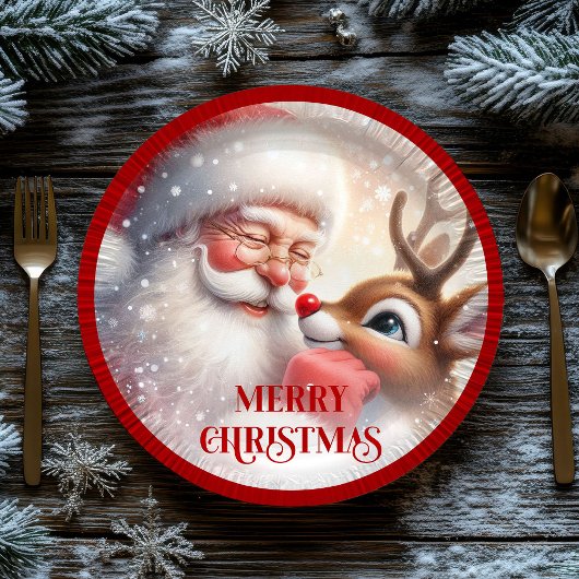 Assiettes En Carton Adorable Kids Santa and Rudolph Holiday Plates