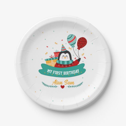 Assiettes En Carton Adorable Pingouin 1er Plaques Papier Anniversaire (Devant)