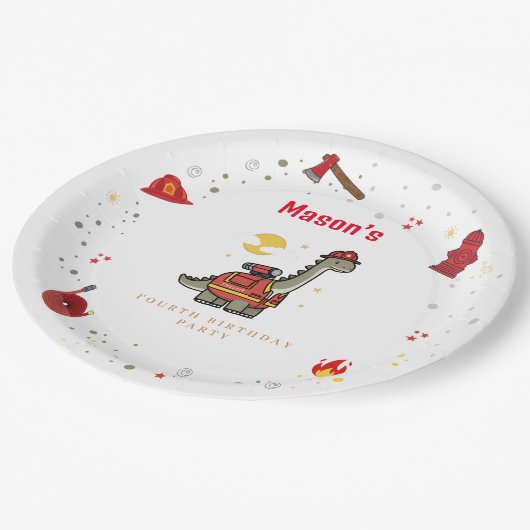Assiettes En Carton Adorable pompier Dino anniversaire (Angle)