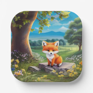 Assiettes En Carton Adorable Renard assis sous l'arbre