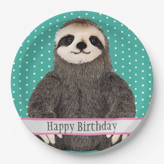 Assiettes En Carton Adorable Sloth Turquoise L'heureux animal d'annive (Devant)