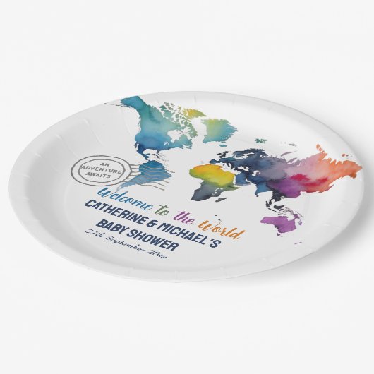 Assiettes En Carton Adventure Await World Map Baby shower de voyage (Angle)