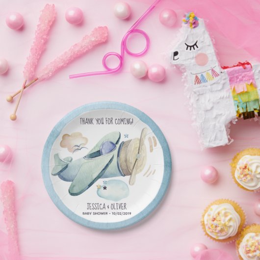 Assiettes En Carton Aéronefs en aquarelle bleu (Fête)