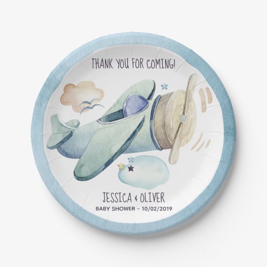 Assiettes En Carton Aéronefs en aquarelle bleu (Devant)