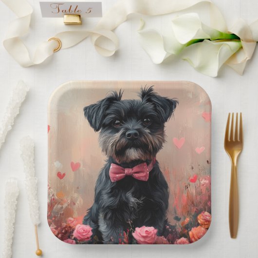 Assiettes En Carton Affenpinscher avec Rose - Saint Valentin (Mariage)