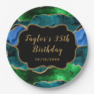 Assiettes En Carton Agate de paon bleu et vert Anniversaire