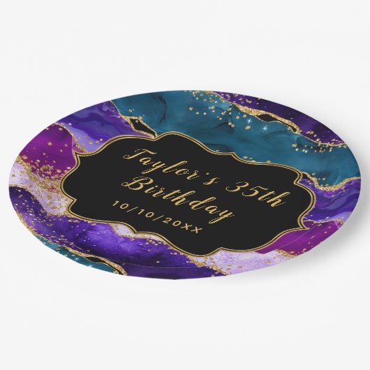 Assiettes En Carton Agate de paon pourpre et bleu Anniversaire (Angle)