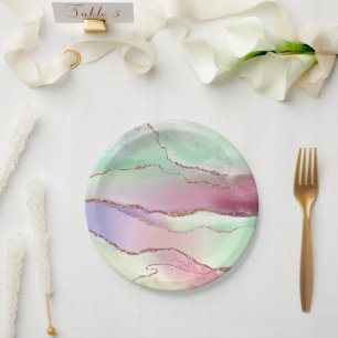 Assiettes En Carton Agate de pastèque Neo Mint Green et Cassis Pink