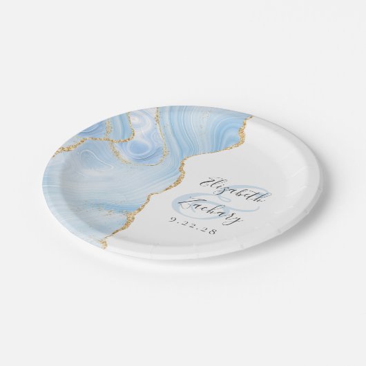 Assiettes En Carton Agate Geode Script Baby Blue Gold Mariage (Angle)