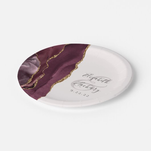 Assiettes En Carton Agate Géode Script Bourgogne Gold Blush (Angle)