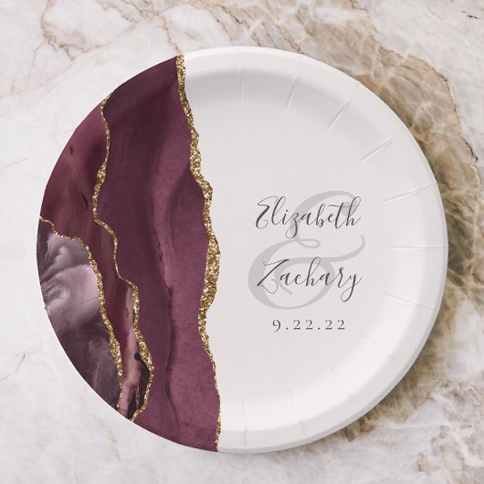 Assiettes En Carton Agate Geode Script Bourgogne Rose Gold