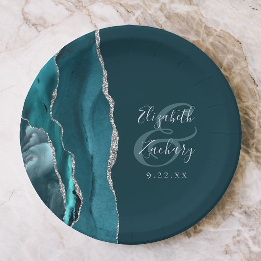 Assiettes En Carton Agate Geode Script Dark Teal Silver Wedding