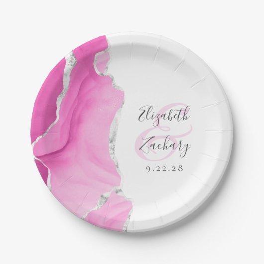 Assiettes En Carton Agate Géode Script Mariage en argent rose (Devant)